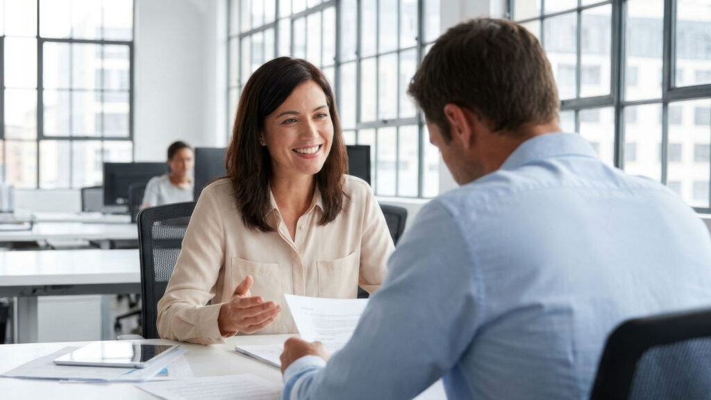 Une conseillère en assurances présente un document à un client lors d’un rendez-vous