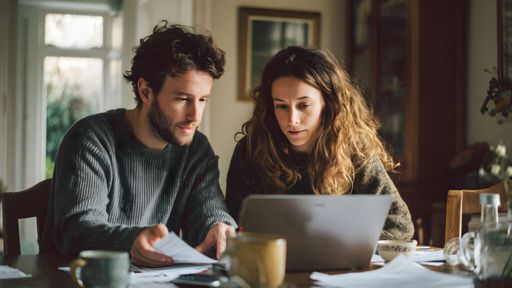 Un couple d’une trentaine d’années examine ses documents d’épargne devant un ordinateur portable, à la table de la cuisine