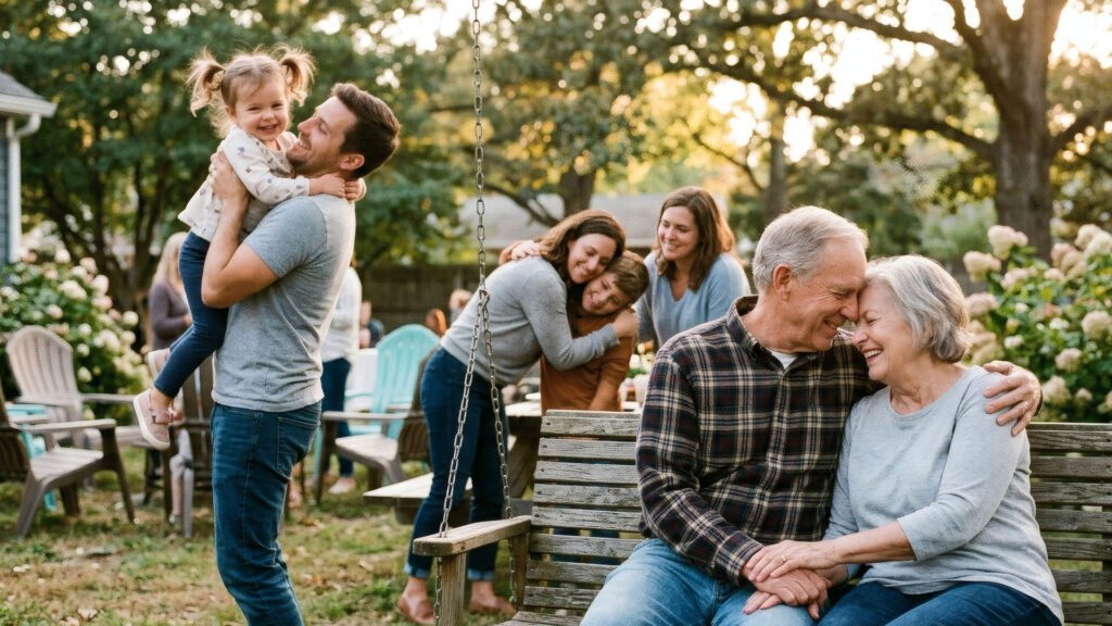 Trois générations d’une même famille réunies dans un jardin, grands-parents enlacés sur un banc au premier plan