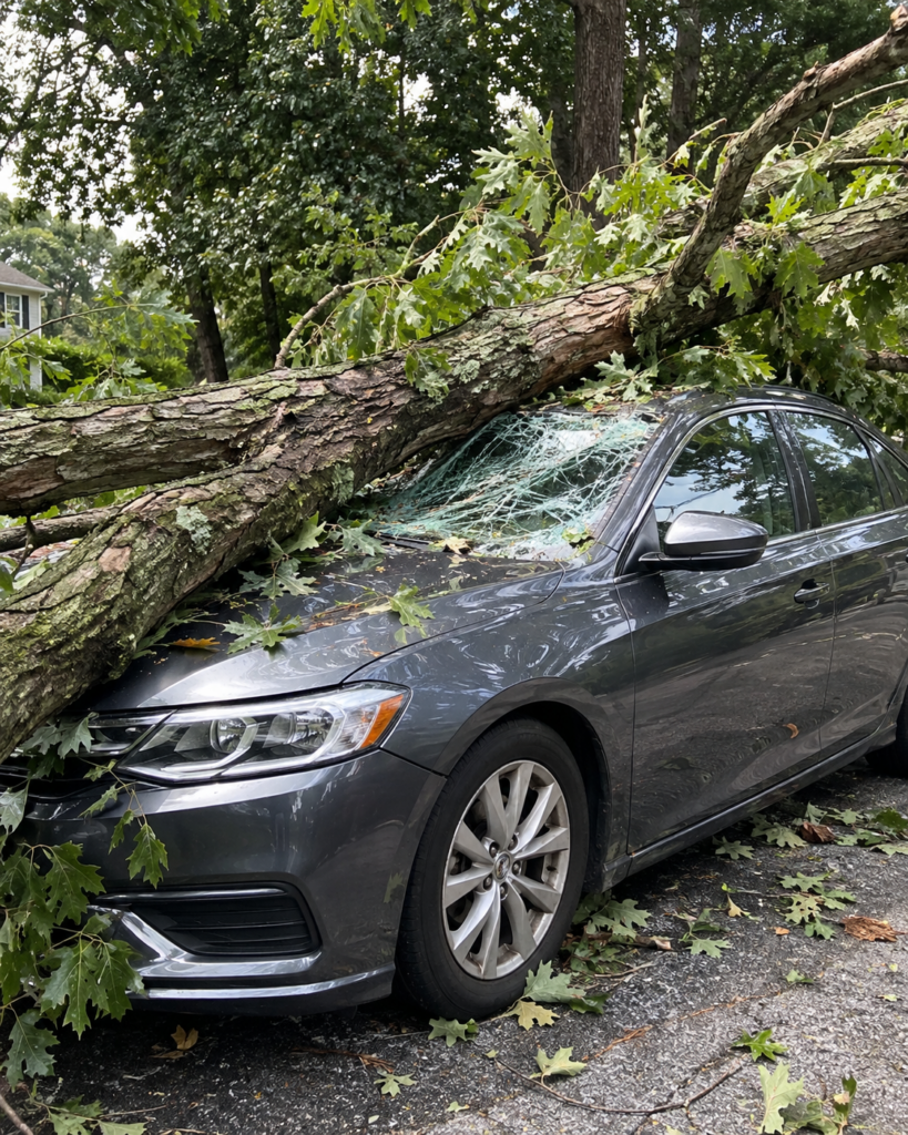 Voiture endommagee sous un arbre tombe